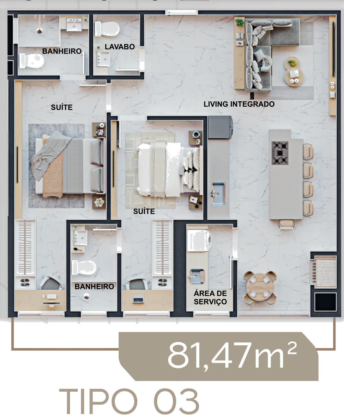 Torre Milad — Planta humanizada do apartamento Tipo 03 do Torre Milad, 81,47 m², com 2 suítes, Top 4D Empreendimentos, Porto Belo SC