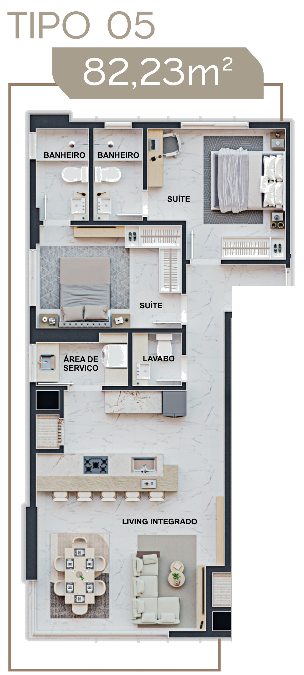 Torre Milad — Planta humanizada do apartamento Tipo 05 do Torre Milad, 82,23 m², com 2 suítes, Top 4D Empreendimentos, Porto Belo SC