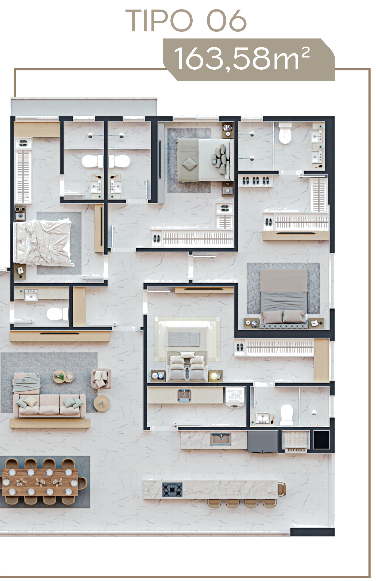 Torre Milad — Planta humanizada do apartamento Tipo 06 do Torre Milad, 163,58 m², com 4 suítes, Top 4D Empreendimentos, Porto Belo SC