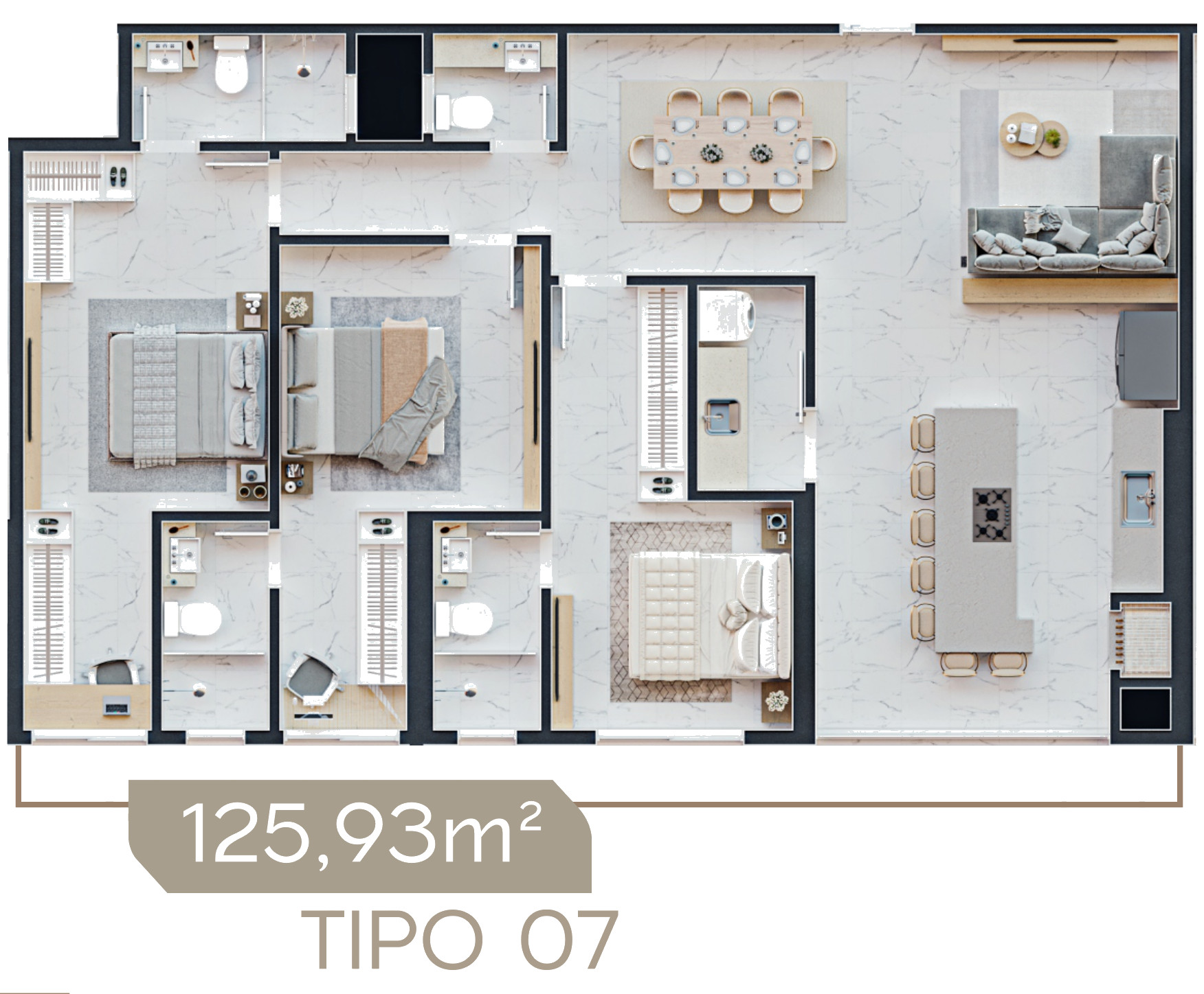 Torre Milad — Planta humanizada do apartamento Tipo 07 do Torre Milad, 125,93 m², com 3 suítes, Top 4D Empreendimentos, Porto Belo SC
