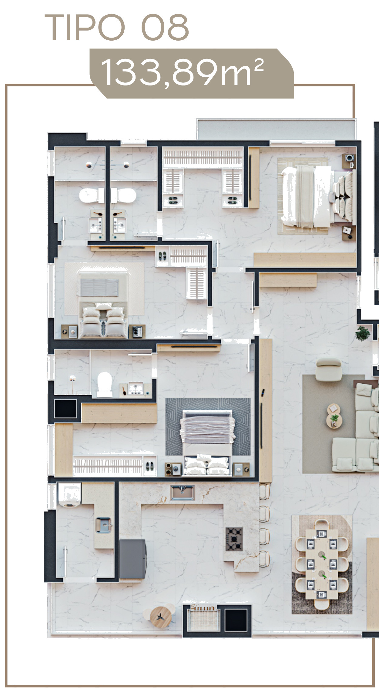 Torre Milad — Planta humanizada do apartamento Tipo 08 do Torre Milad, 133,89 m², com 3 suítes, Top 4D Empreendimentos, Porto Belo SC