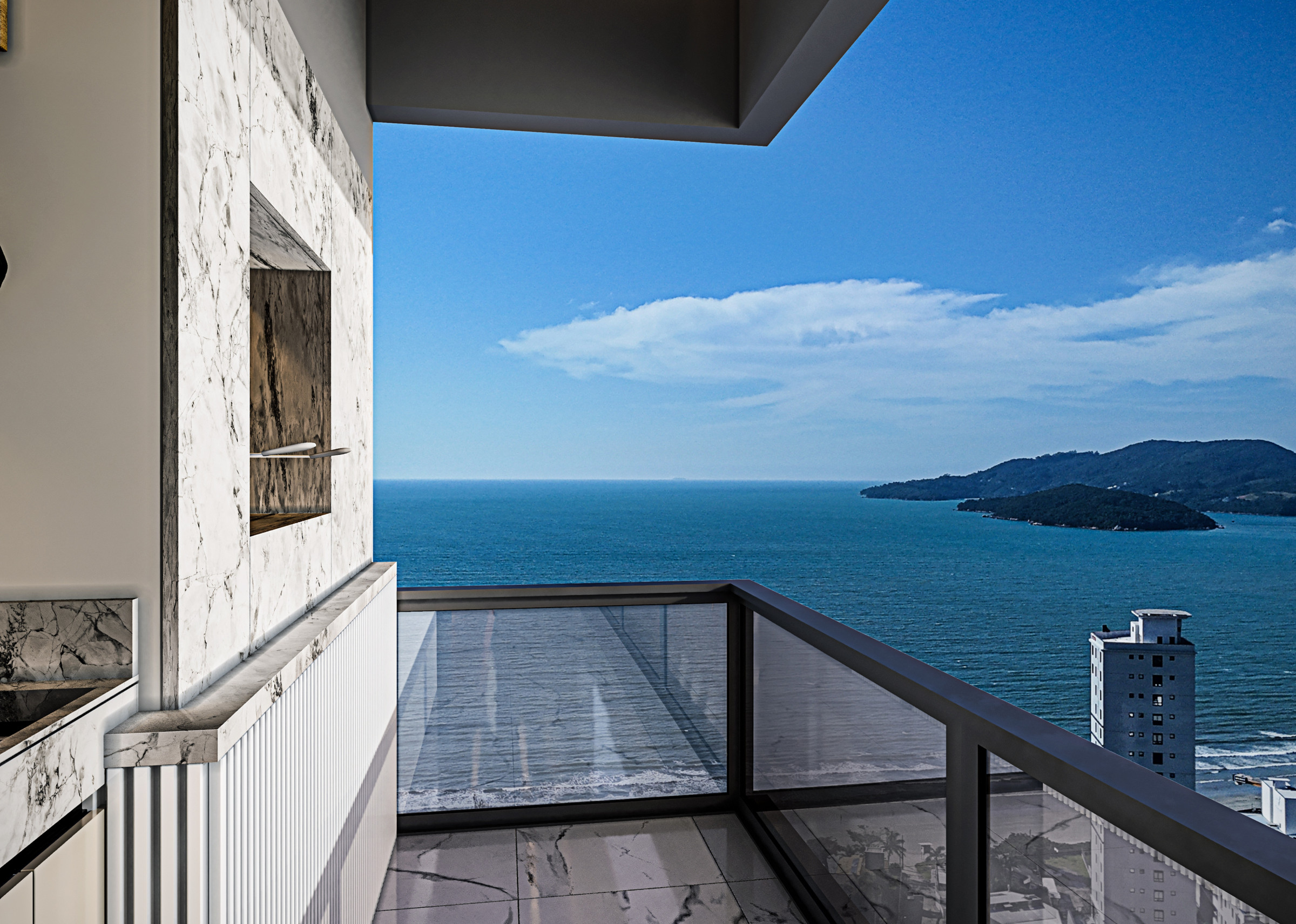Torre Milad — Sacada de apartamento do Torre Milad com churrasqueira e vista para o mar e a ilha, Top 4D Empreendimentos, Porto Belo SC