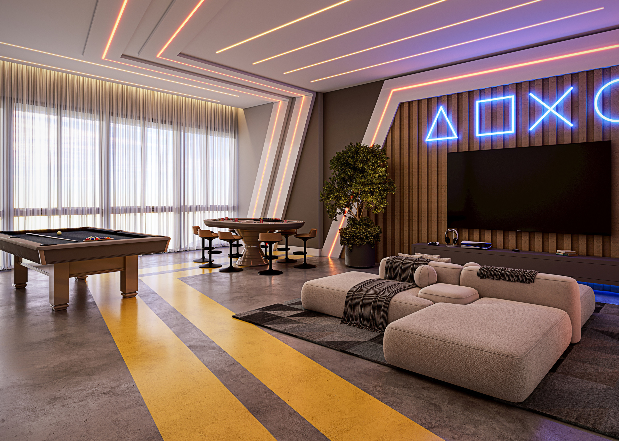 Torre Milad — Sala de jogos do Torre Milad com mesa de sinuca, mesa de carteado, TV e sofás, Top 4D Empreendimentos, Porto Belo SC