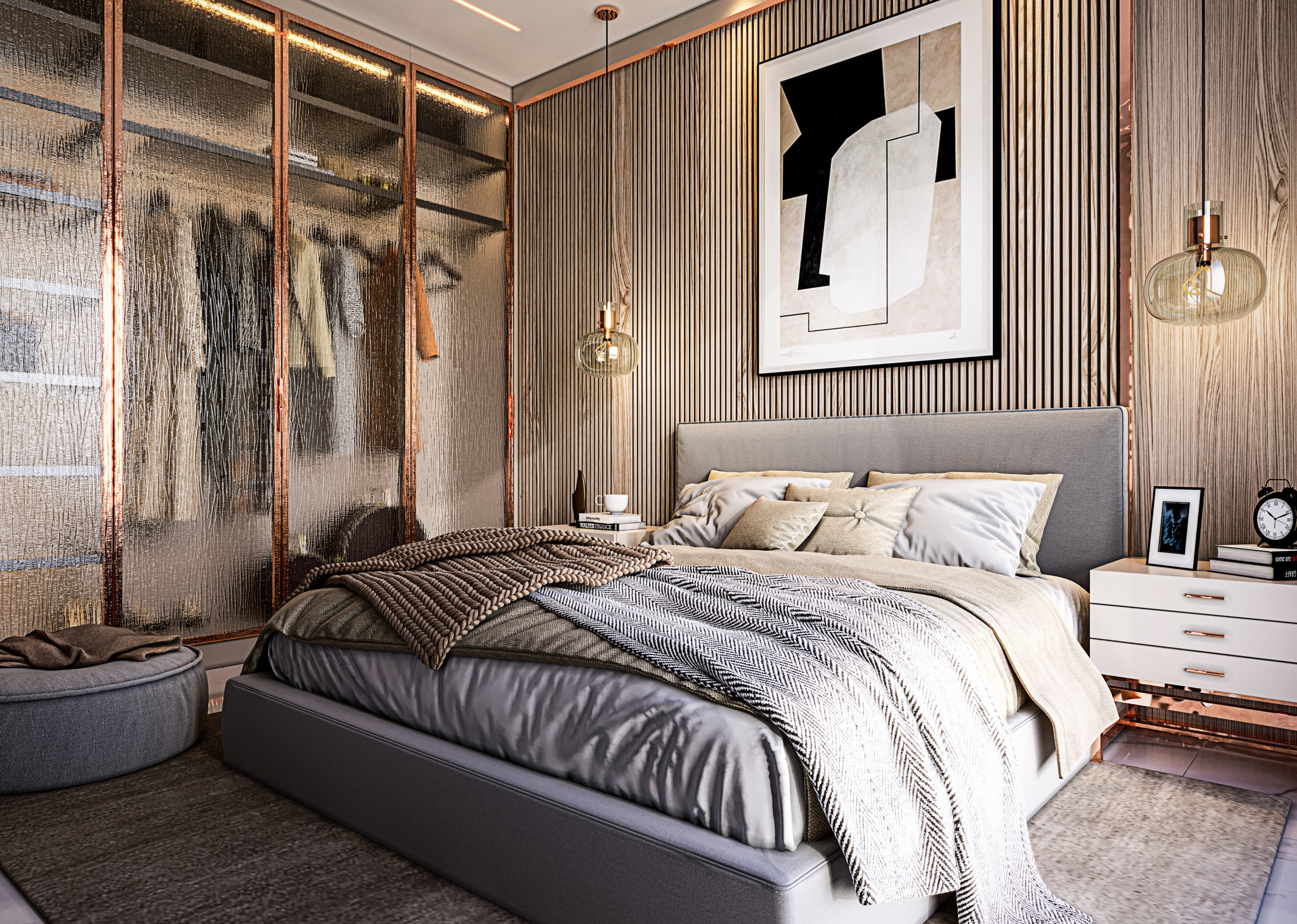 Torre Milad — Suíte de apartamento do Torre Milad com cama de casal, painel ripado e closet de vidro, Top 4D Empreendimentos, Porto Belo SC