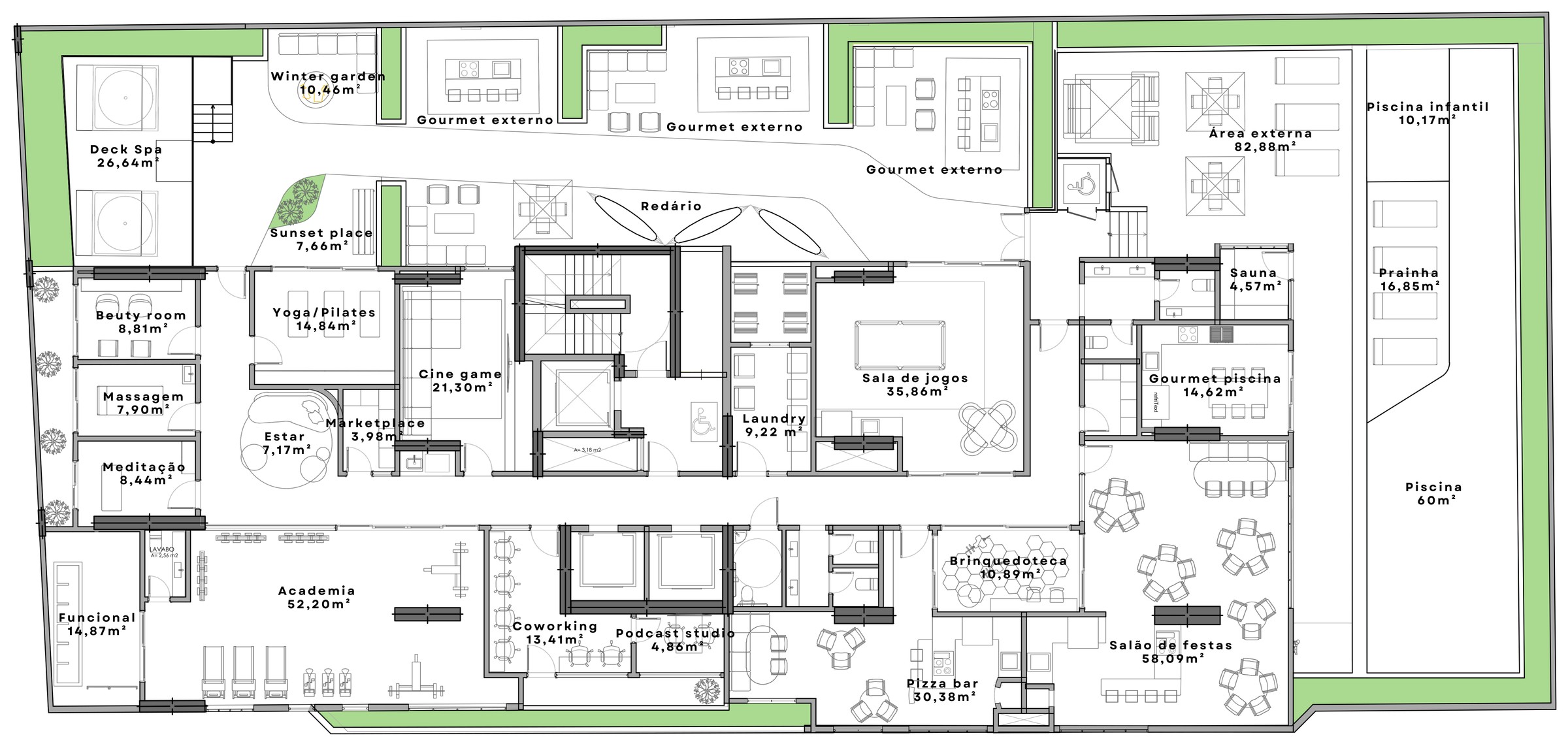 Valentin — Planta do lazer no 8º pavimento do Valentin, com piscina de 60 m², academia, salão de festas, pizza bar, sauna e deck spa, M Santos Empreendimentos, Porto Belo SC