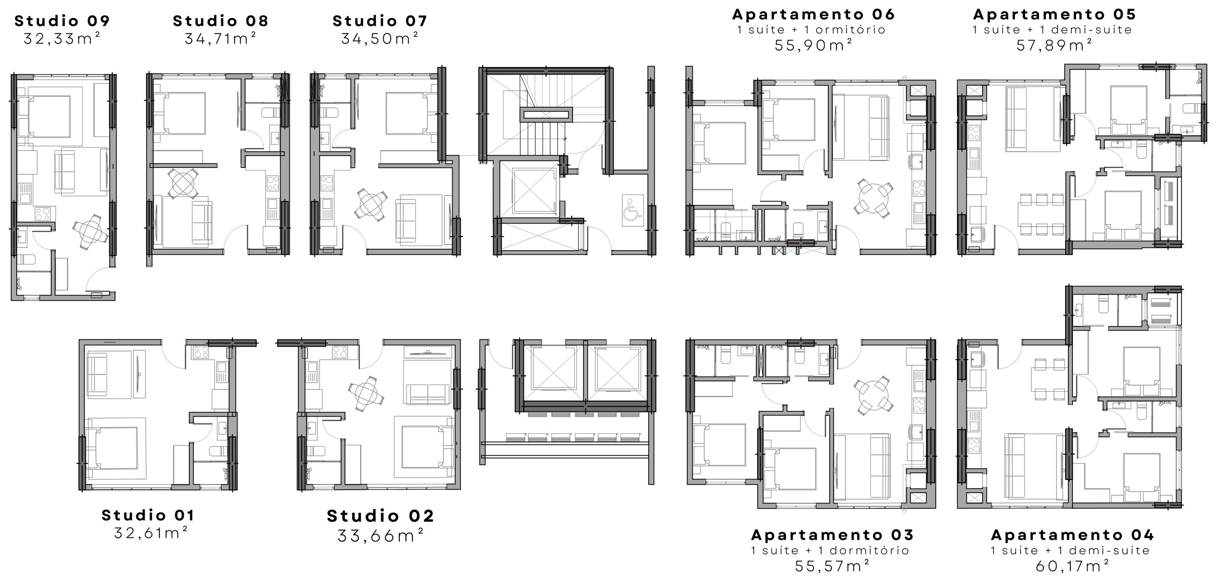 Valentin — Planta do pavimento tipo do Valentin: studios de 32 a 35 m² e apartamentos de 1 suíte com 55 a 60 m², M Santos Empreendimentos, Porto Belo SC