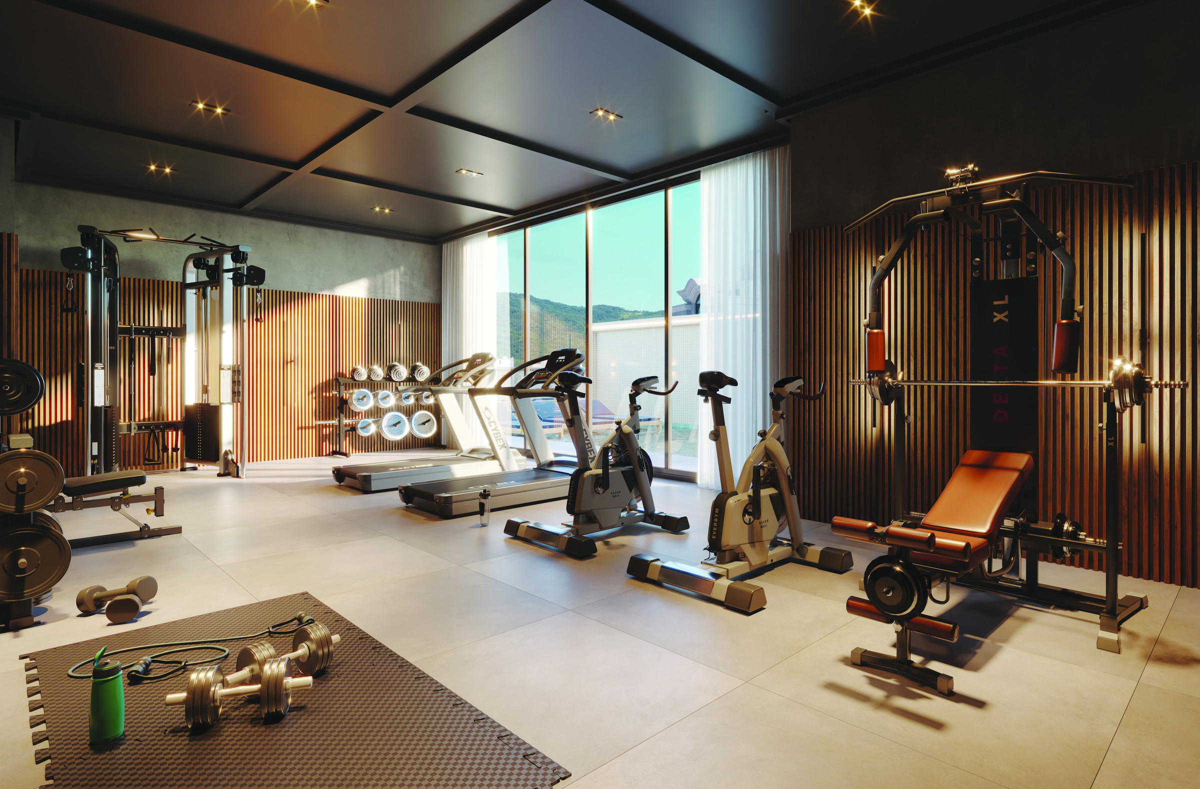 Villa Montemerano — Academia de 44 m² com esteiras, bicicletas e estação de musculação, Villa Montemerano Residence, Justus Incorporadora, Balneário Perequê, Porto Belo SC