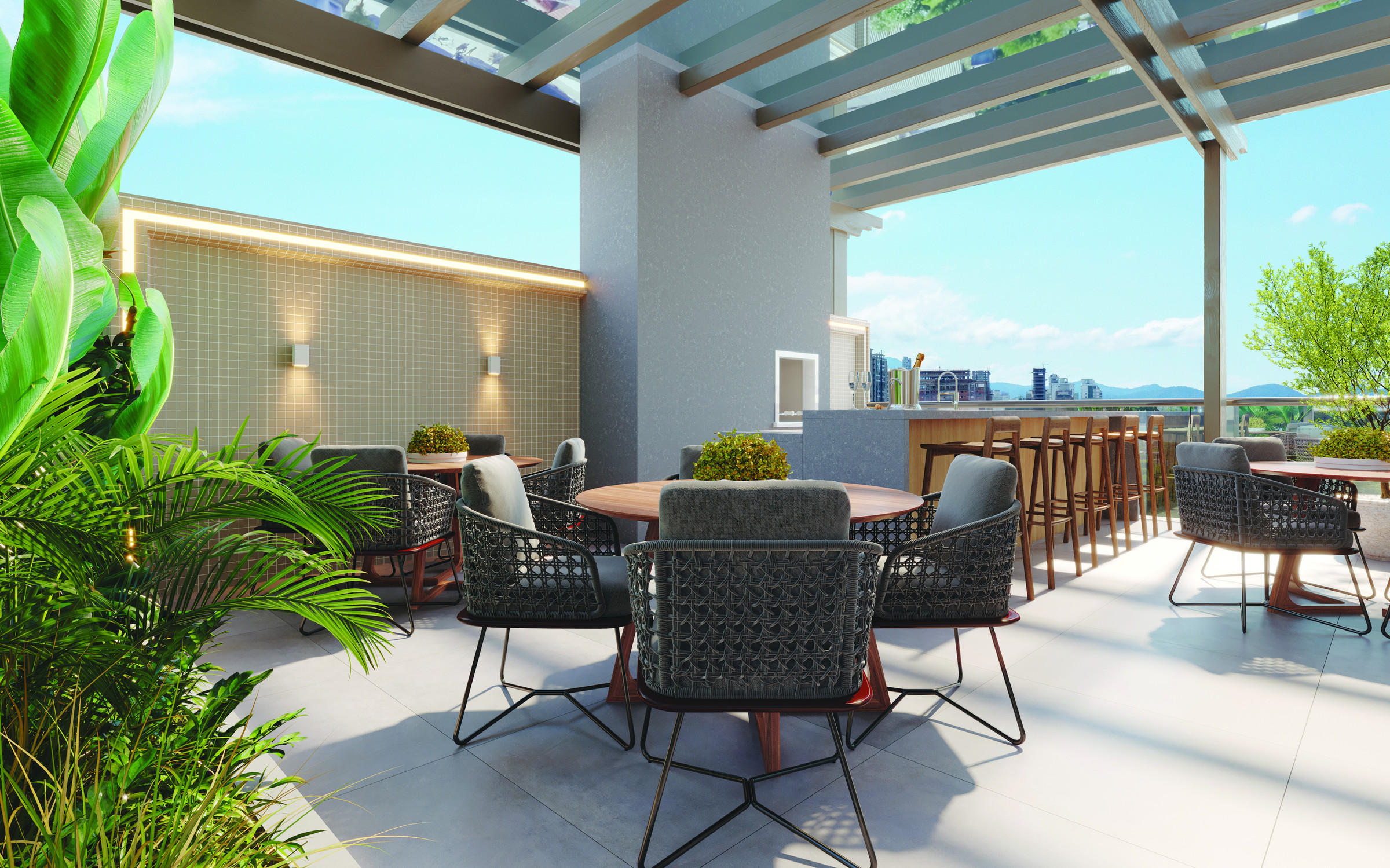 Villa Montemerano — Área gourmet externa com pergolado e bancada, Villa Montemerano Residence, Justus Incorporadora, Balneário Perequê, Porto Belo SC