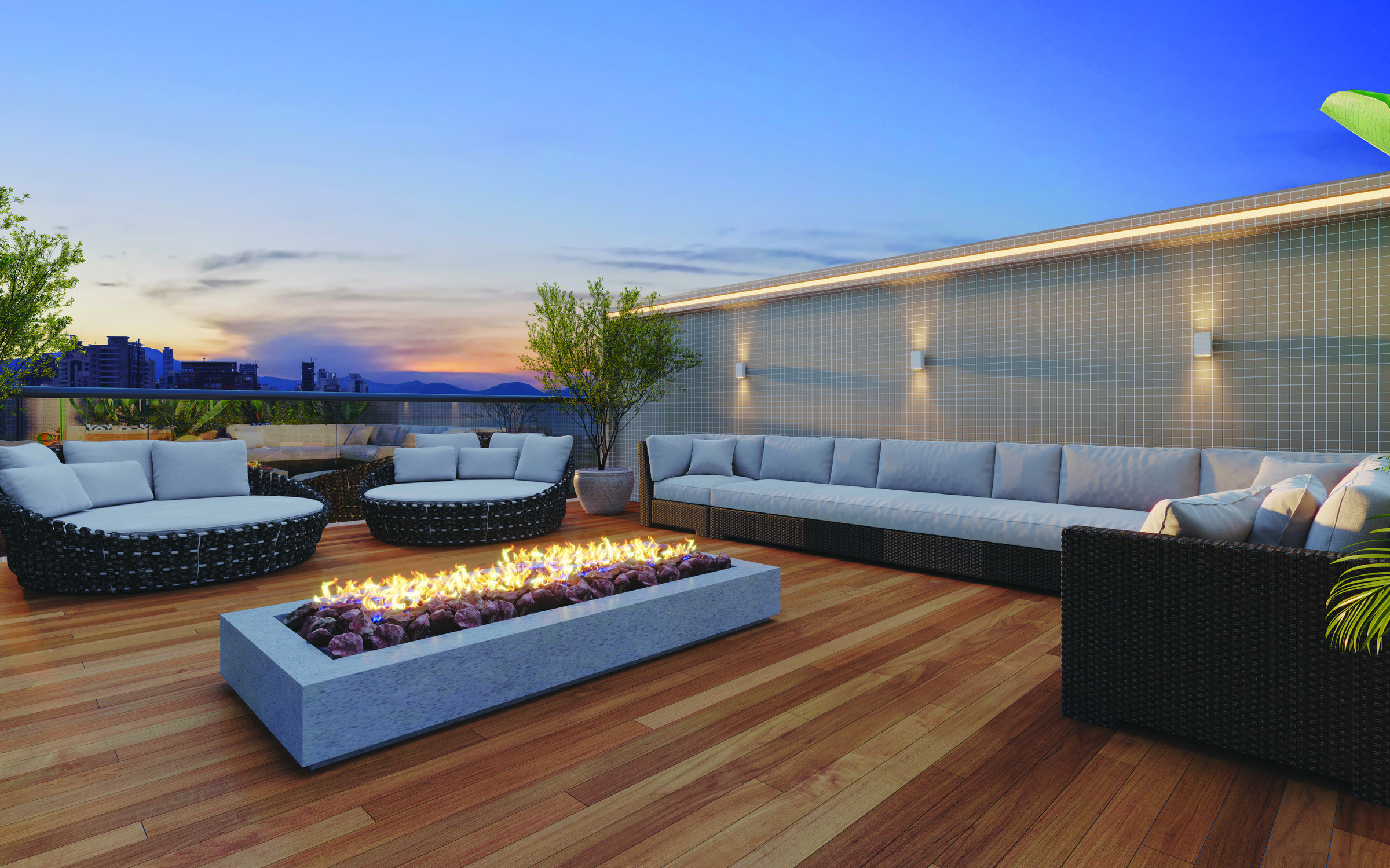 Villa Montemerano — Fire place com estar externo ao entardecer, Villa Montemerano Residence, Justus Incorporadora, Balneário Perequê, Porto Belo SC