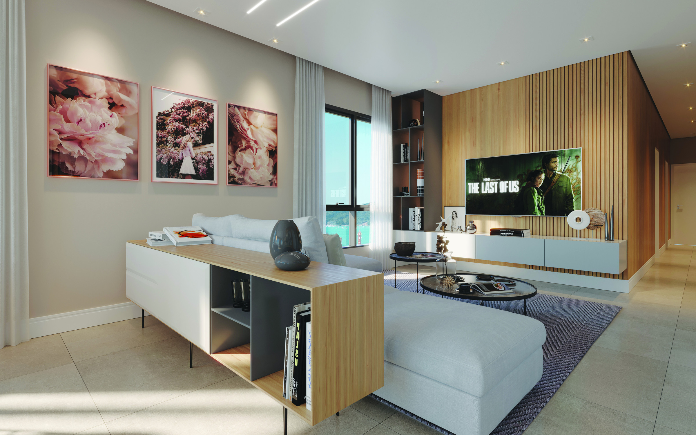 Villa Montemerano — Living estar do apartamento com sofá, painel ripado e TV, Villa Montemerano Residence, Justus Incorporadora, Balneário Perequê, Porto Belo SC