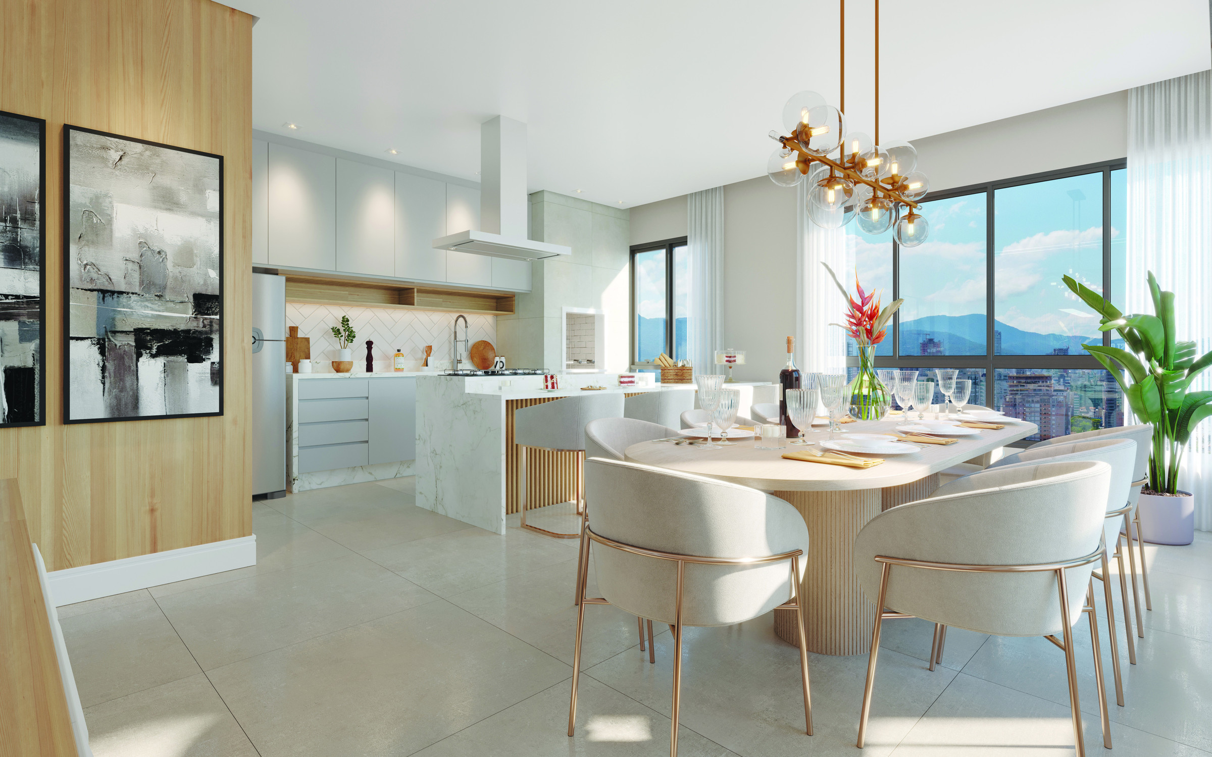 Villa Montemerano — Living jantar com mesa para oito lugares e cozinha integrada, Villa Montemerano Residence, Justus Incorporadora, Balneário Perequê, Porto Belo SC