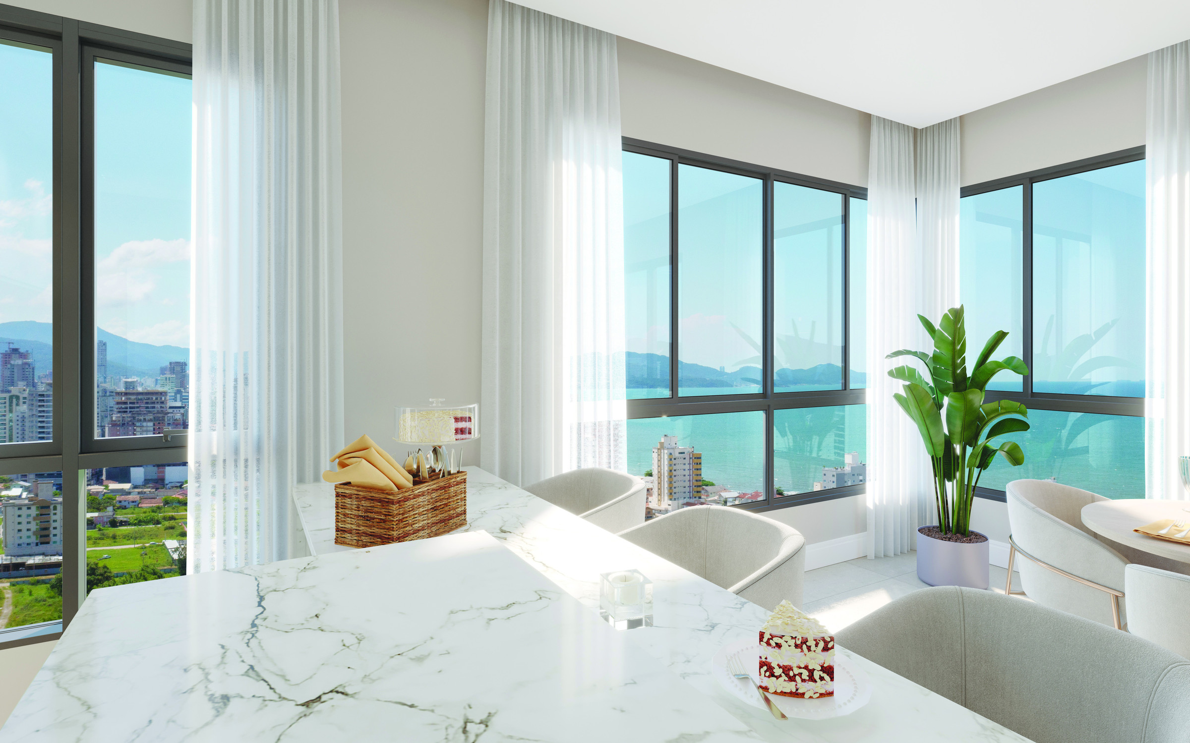 Villa Montemerano — Living com sacada envidraçada e vista para o mar, Villa Montemerano Residence, Justus Incorporadora, Balneário Perequê, Porto Belo SC