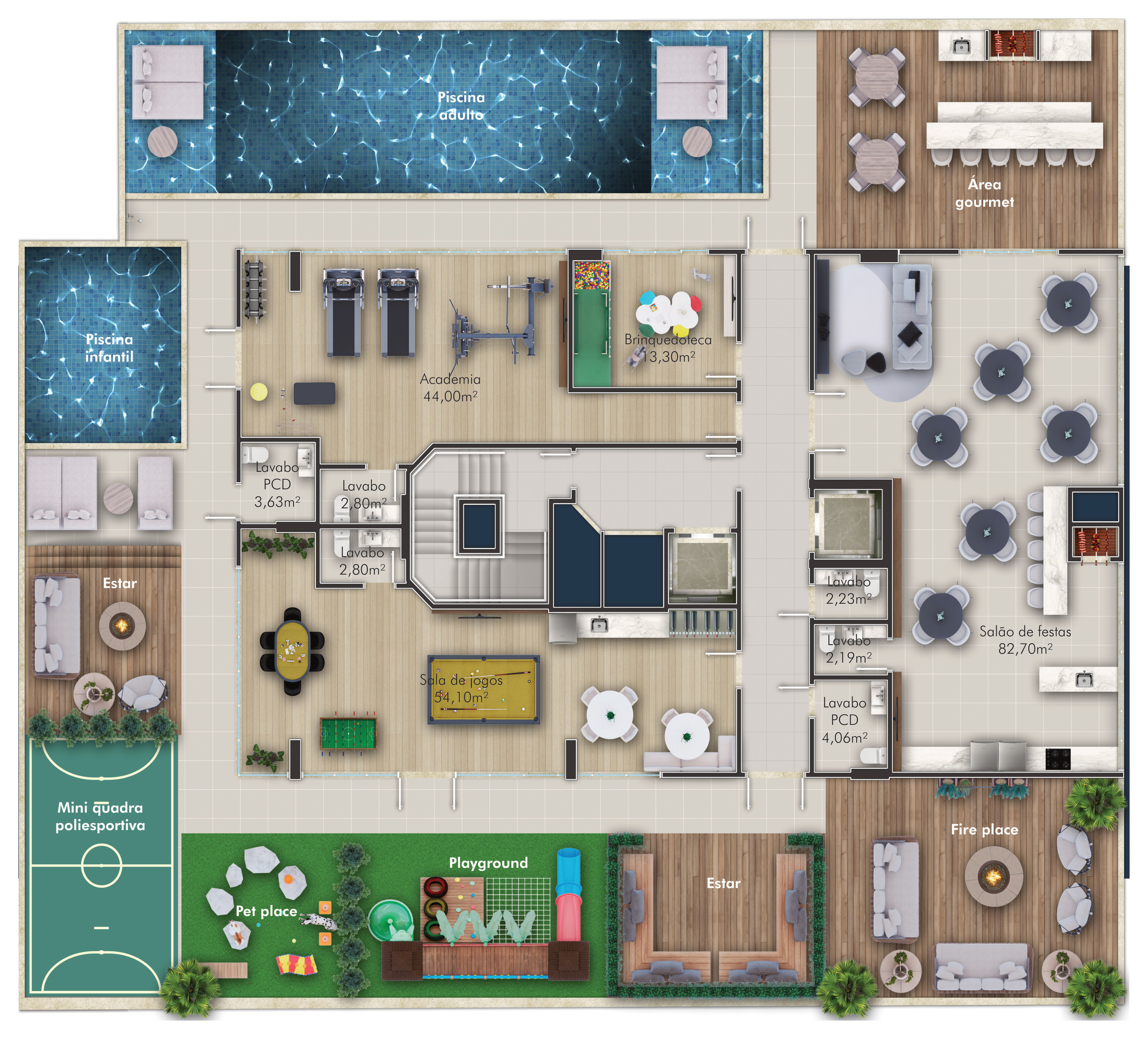 Villa Montemerano — Planta do pavimento de lazer com 659 m²: piscinas, salão de festas, academia, sala de jogos, brinquedoteca, playground, pet place e mini quadra, Villa Montemerano Residence, Justus Incorporadora, Balneário Perequê, Porto Belo SC