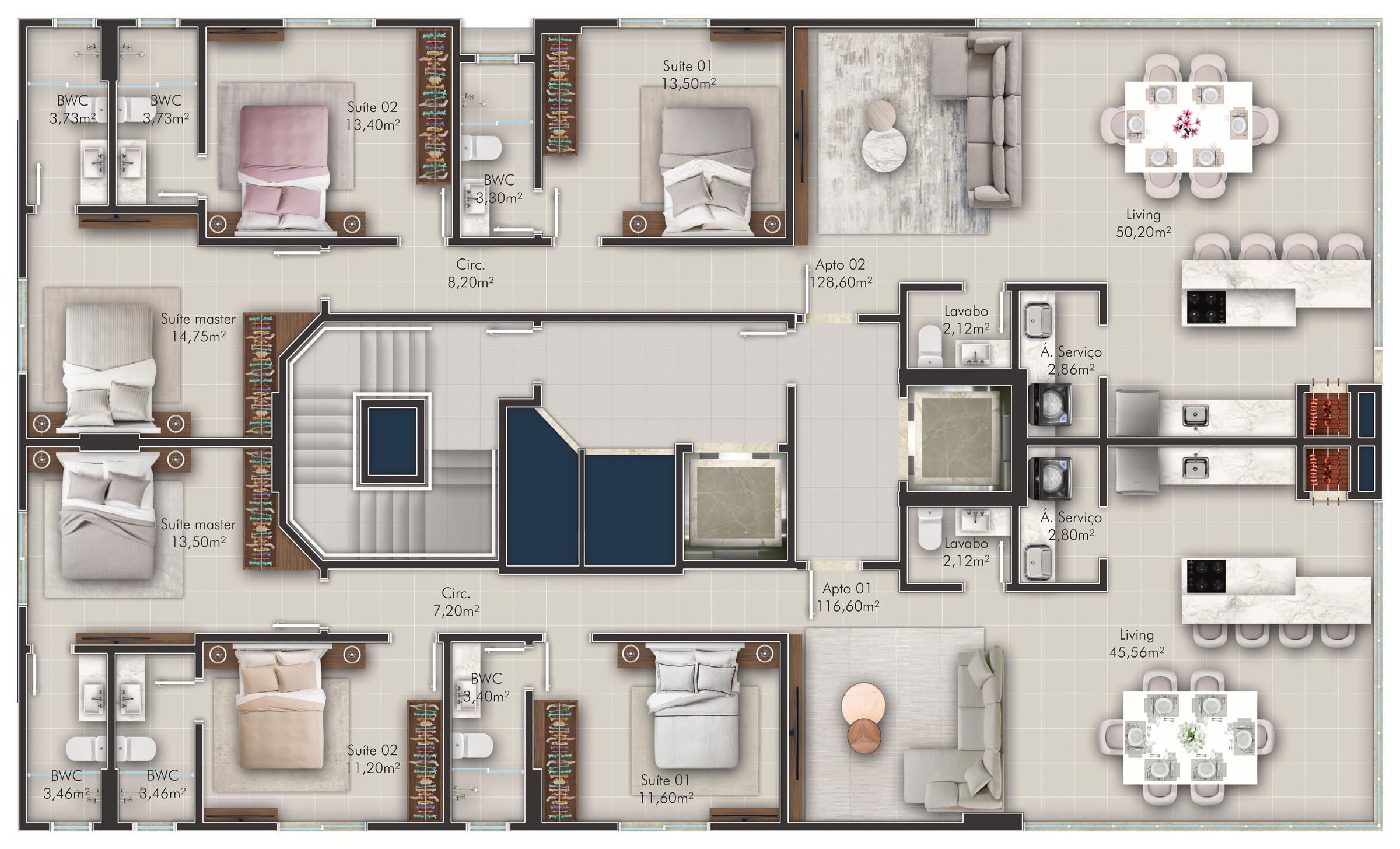 Villa Montemerano — Planta do pavimento tipo: Apto 01 com 116,60 m² e Apto 02 com 128,60 m², ambos com 3 suítes, Villa Montemerano Residence, Justus Incorporadora, Balneário Perequê, Porto Belo SC