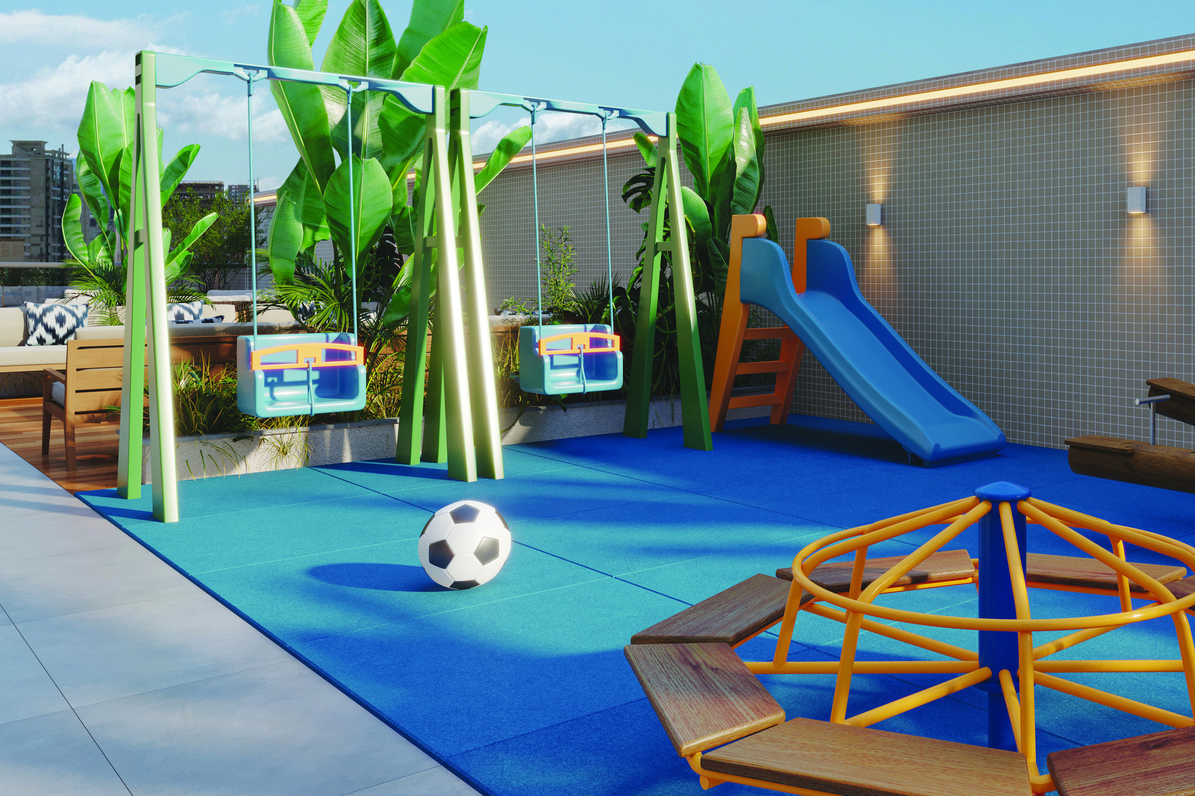 Villa Montemerano — Playground com balanços, escorregador e gira-gira, Villa Montemerano Residence, Justus Incorporadora, Balneário Perequê, Porto Belo SC
