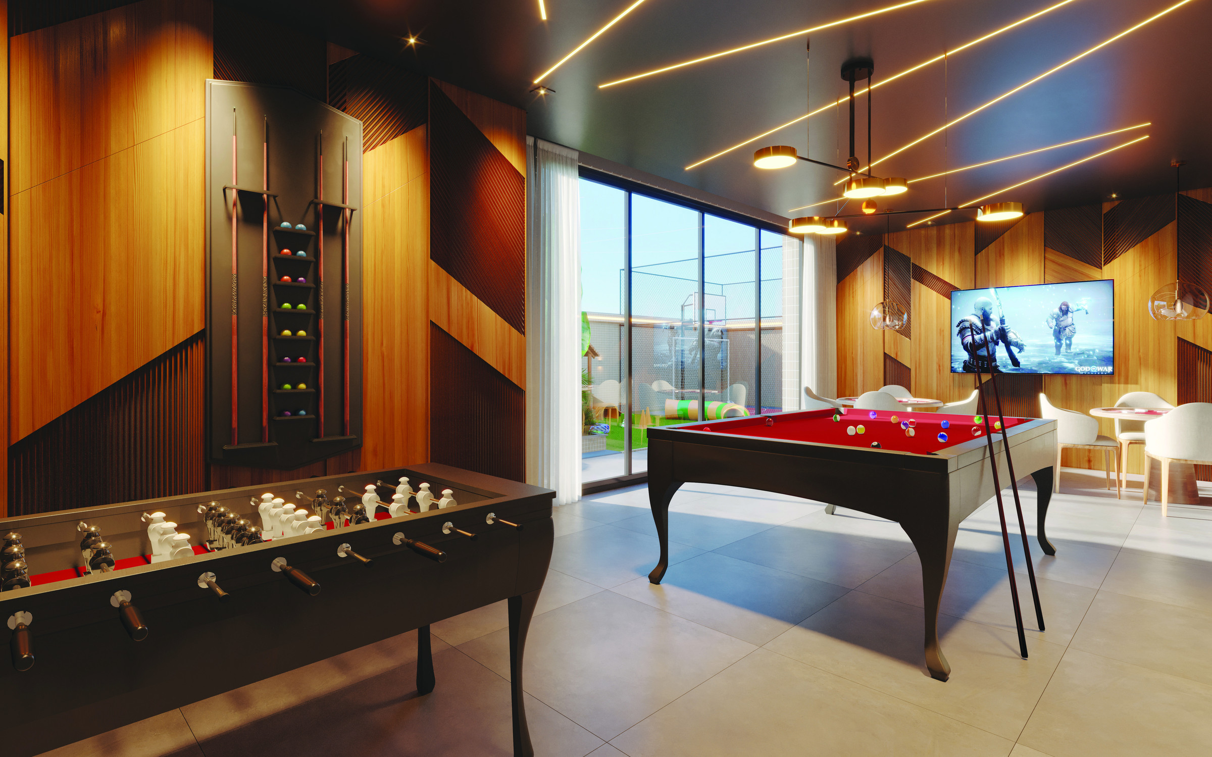Villa Montemerano — Sala de jogos com sinuca e pebolim, Villa Montemerano Residence, Justus Incorporadora, Balneário Perequê, Porto Belo SC