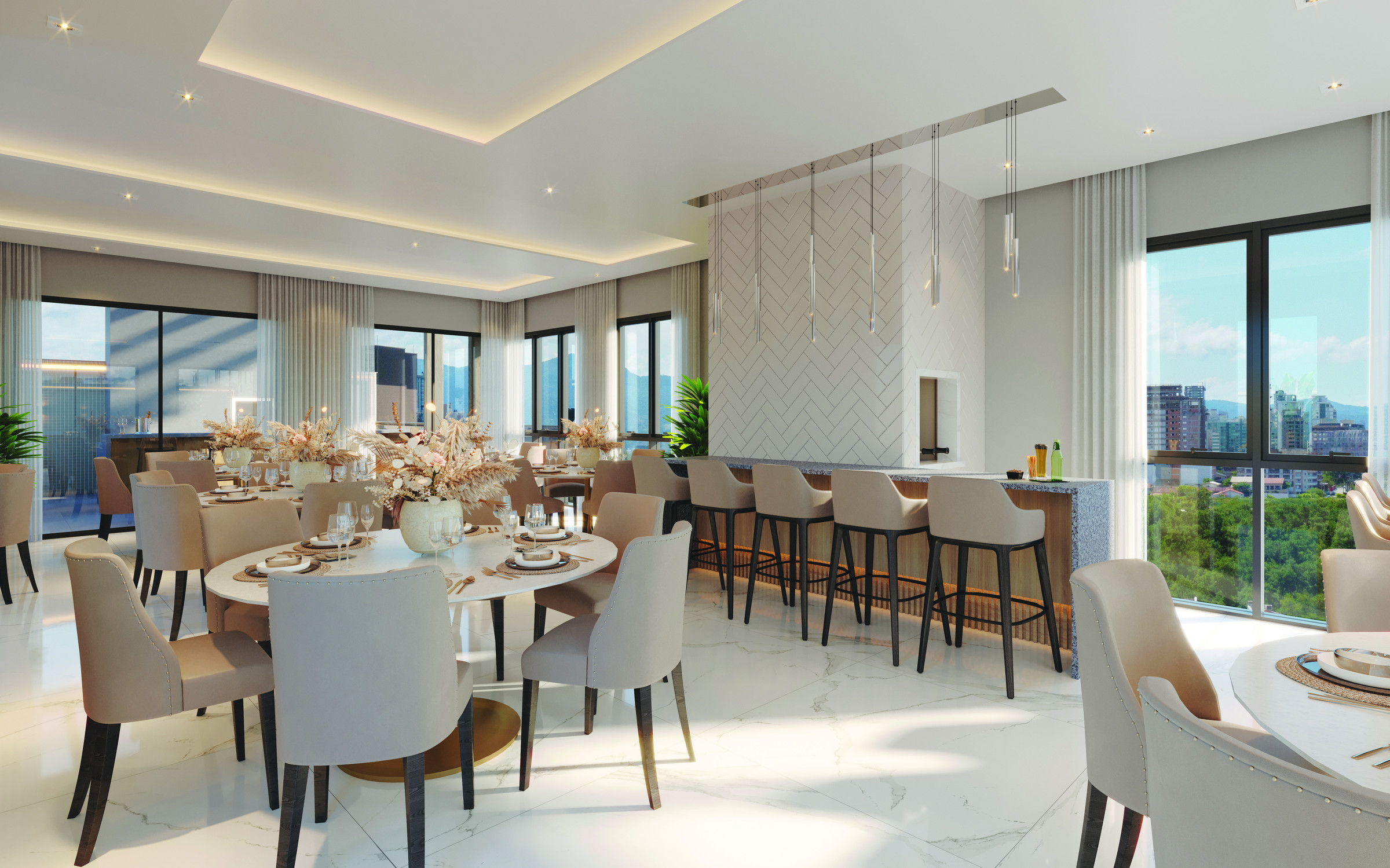 Villa Montemerano — Salão de festas de 82,70 m² com mesas e bancada, Villa Montemerano Residence, Justus Incorporadora, Balneário Perequê, Porto Belo SC