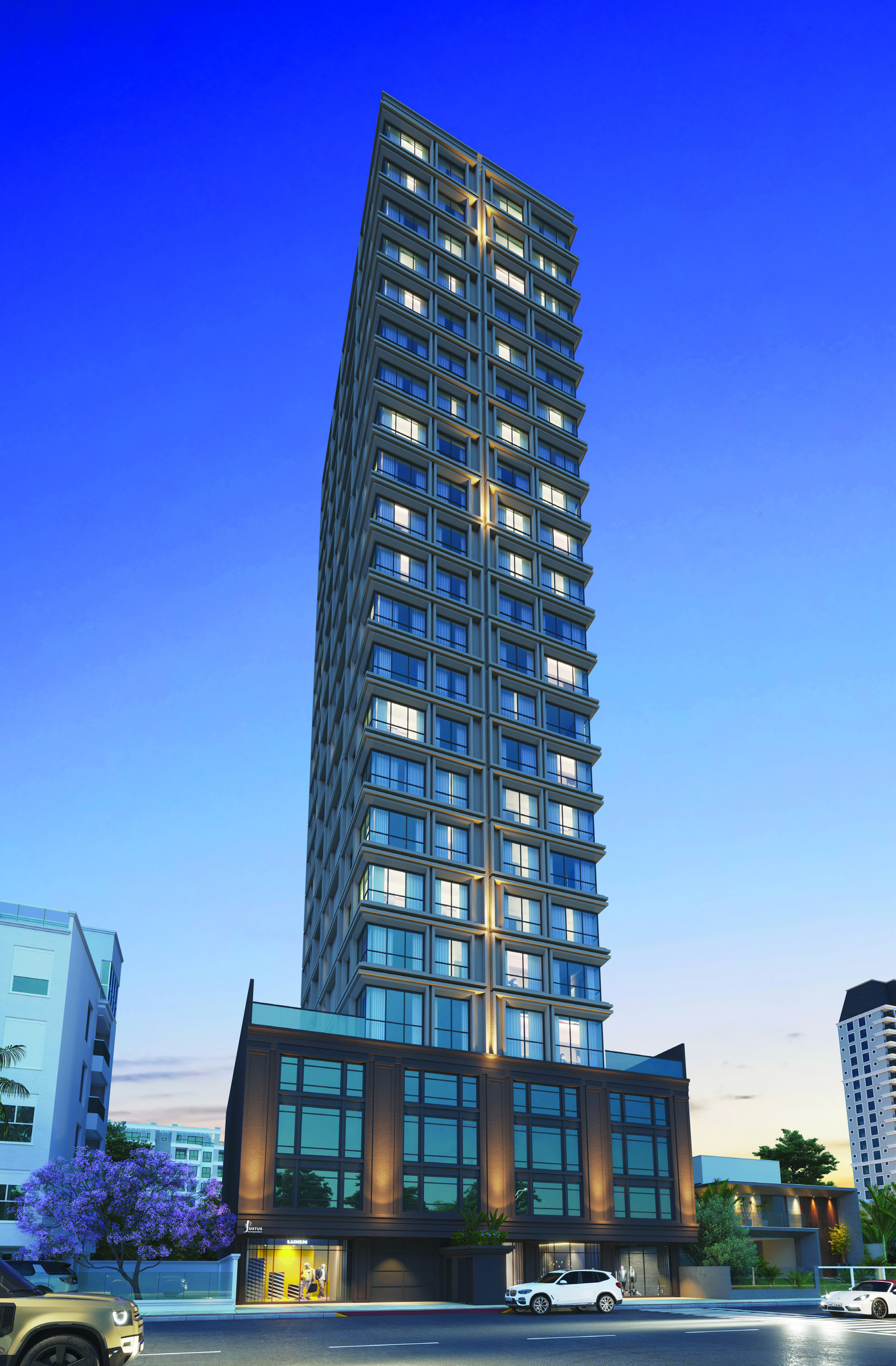 Villa Montemerano — Villa Montemerano Residence: torre ao entardecer com janelas iluminadas e embasamento comercial, Balneário Perequê, Porto Belo, Justus Incorporadora, Balneário Perequê, Porto Belo SC