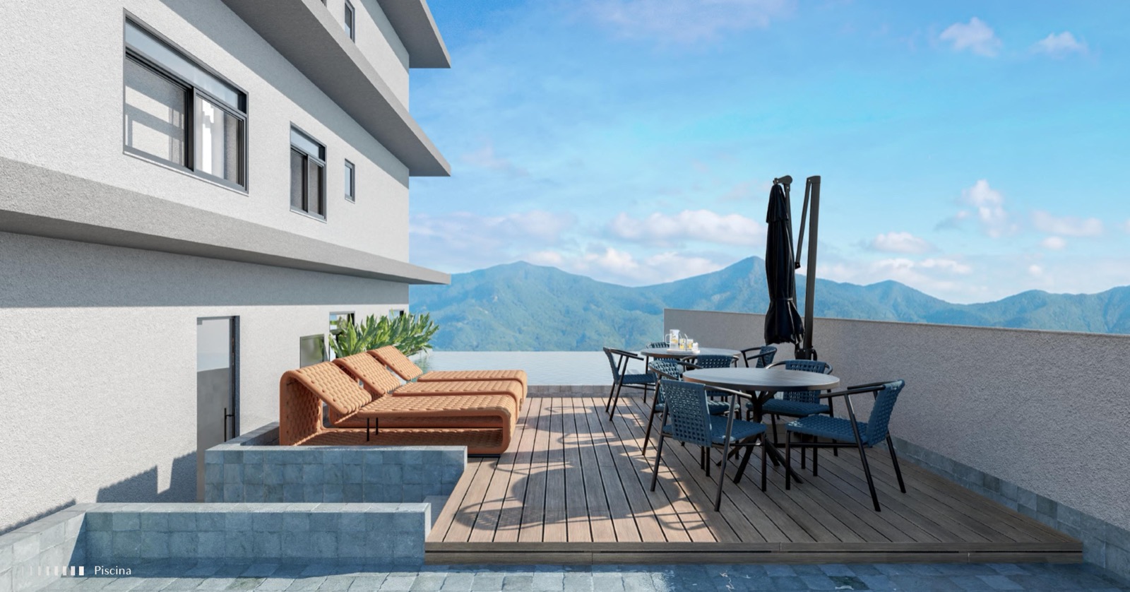 Piscina e deck com vista para as montanhas — Elevare Home Porto Belo