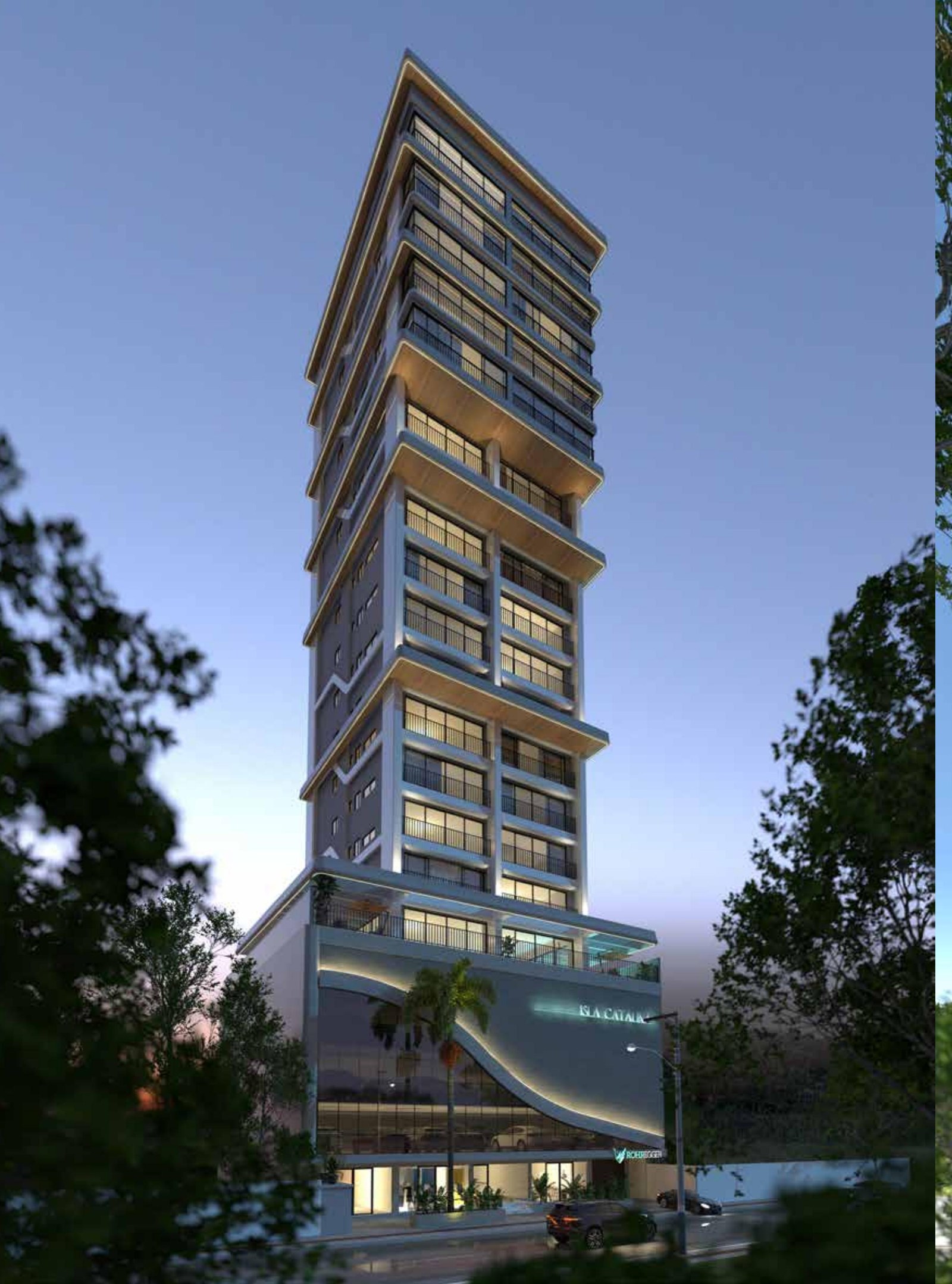 Render da torre Isla Catalina Residence ao entardecer