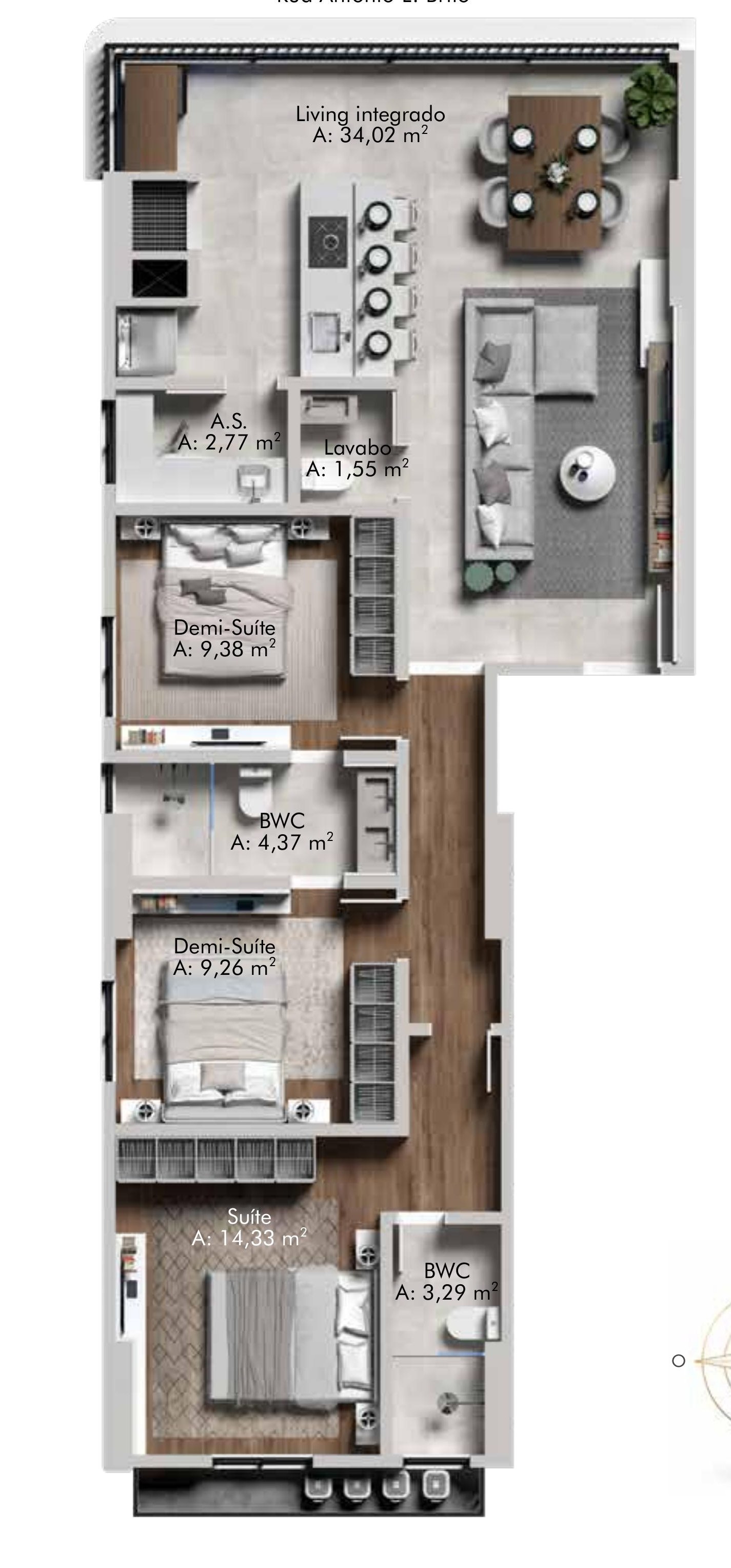 Planta Tipo 01 — 3 suítes, 97,88 m² — Isla Catalina Residence