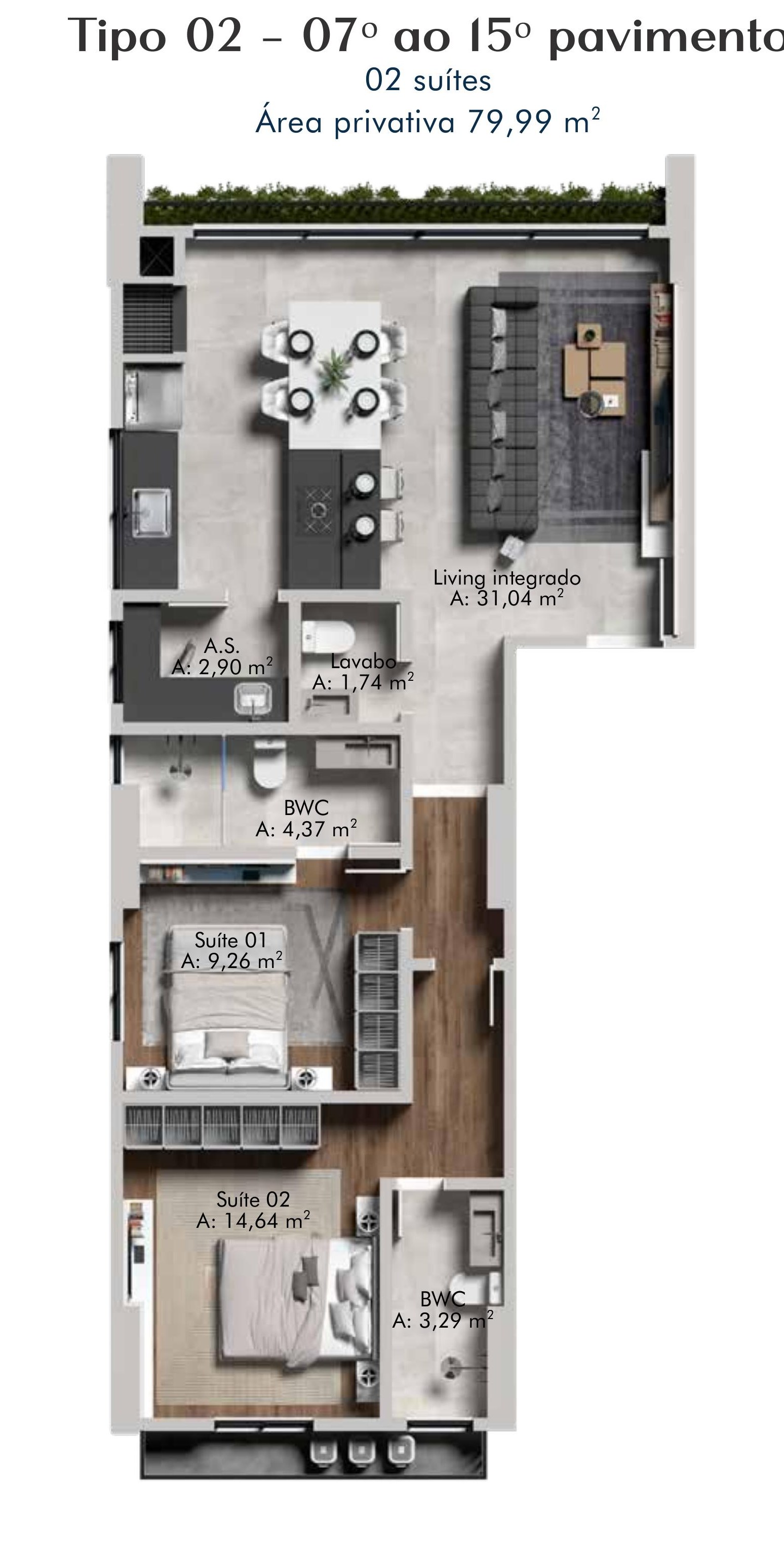 Planta Tipo 02 — 2 suítes, 79,99 m² — Isla Catalina Residence