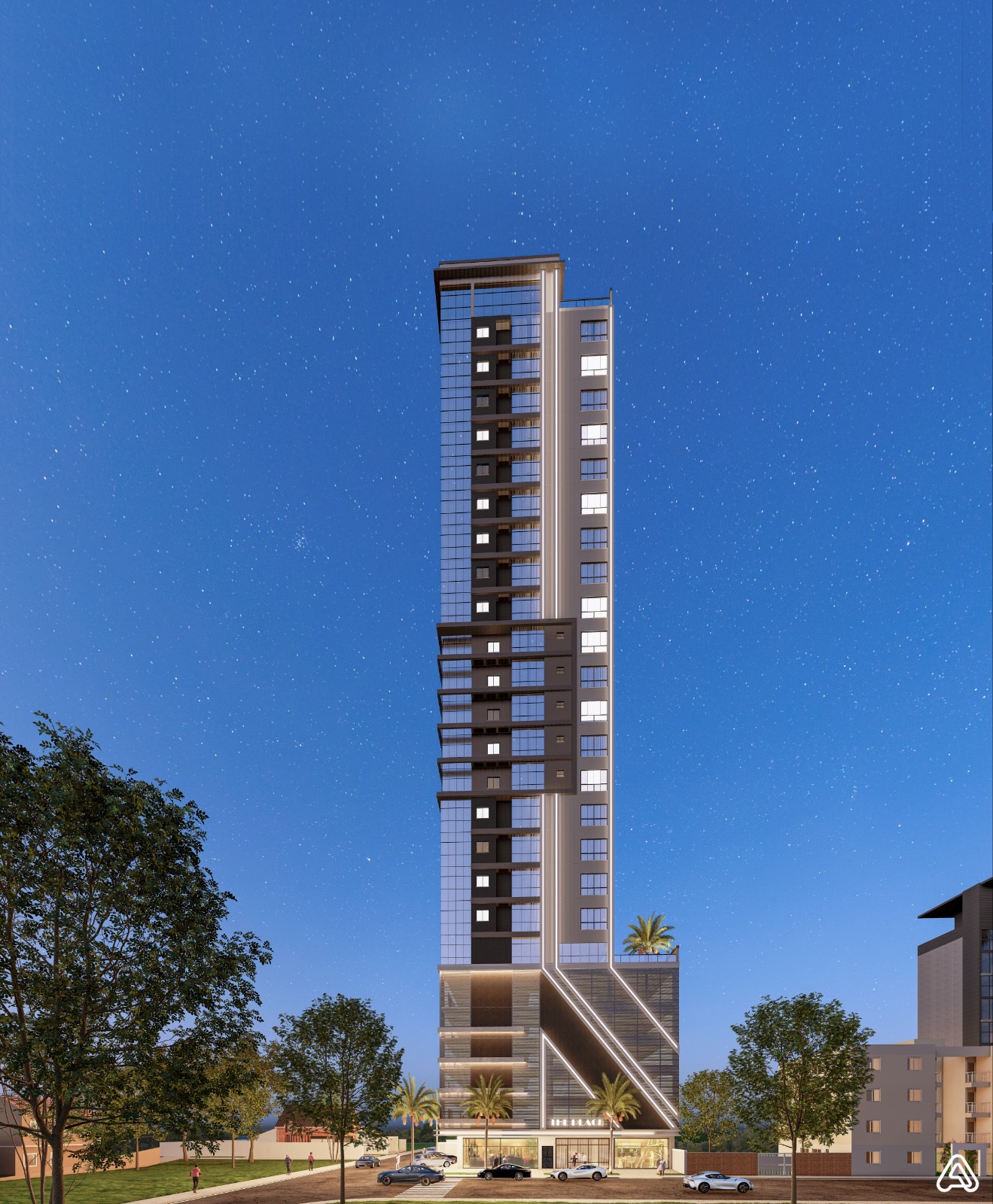 Residencial The Place — fachada noturna, Vila Nova, Porto Belo SC