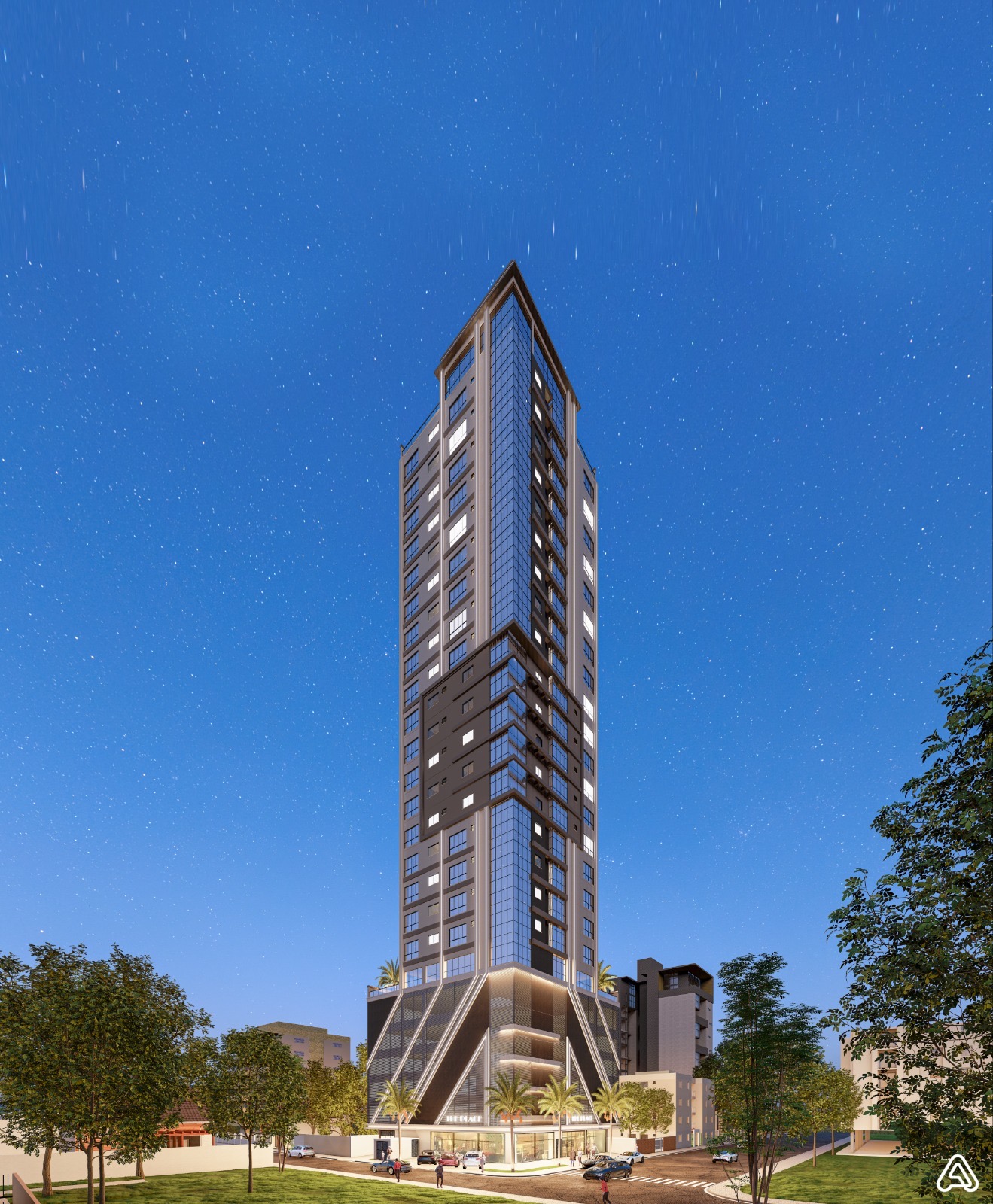 Residencial The Place — render da torre à noite, vista frontal