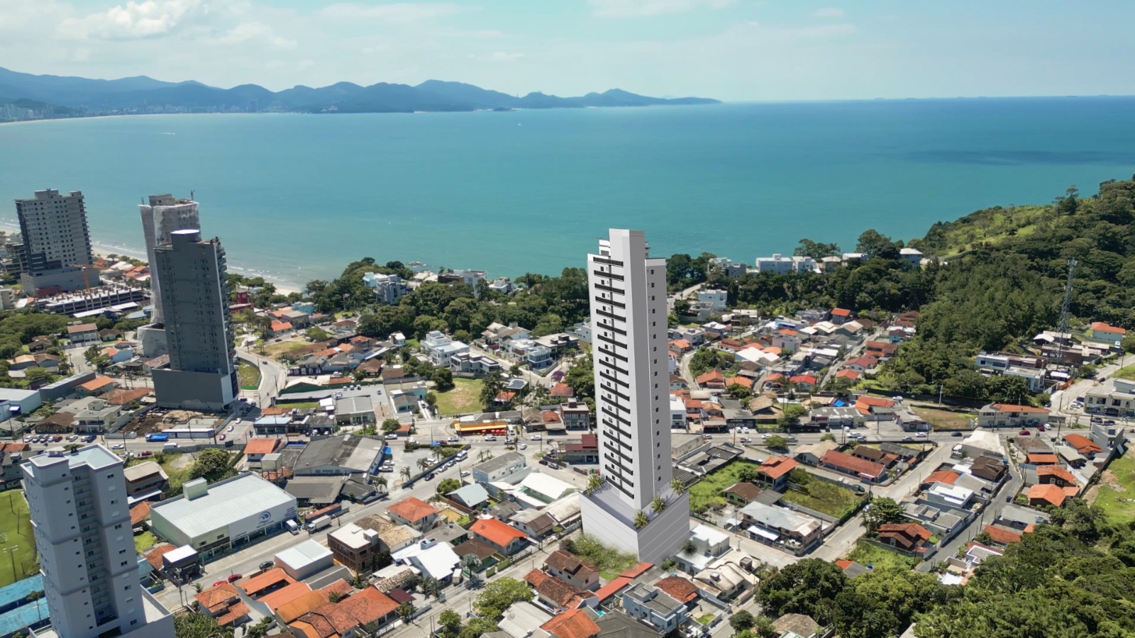 Vista aérea alternativa do Residencial The Place e da baía de Porto Belo