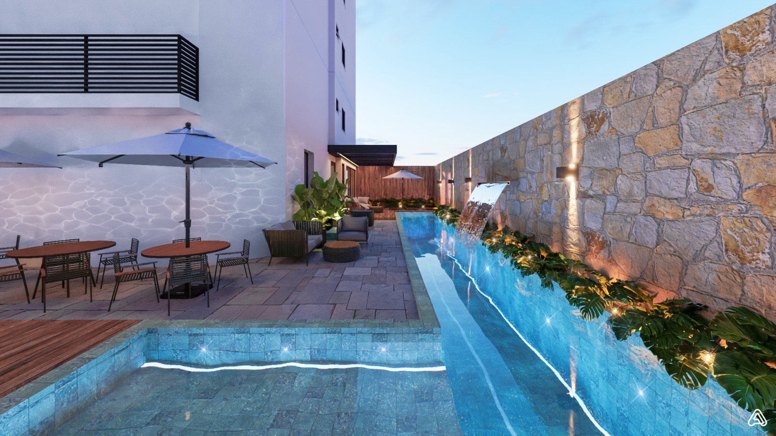 Piscina externa com cascata do Residencial The Place