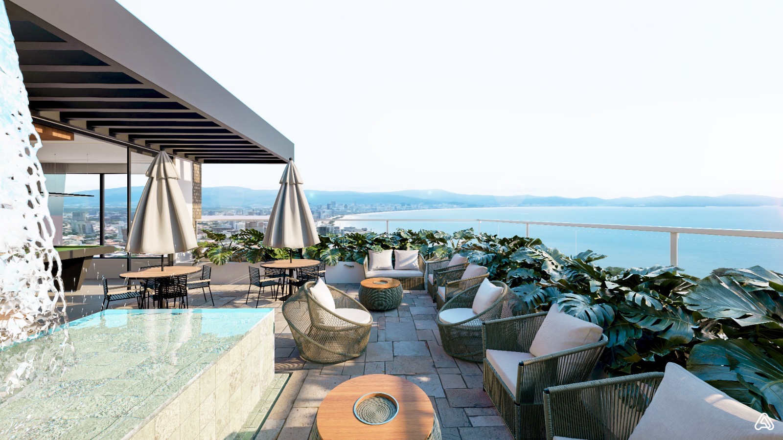 Lounge no rooftop do Residencial The Place com vista para o mar