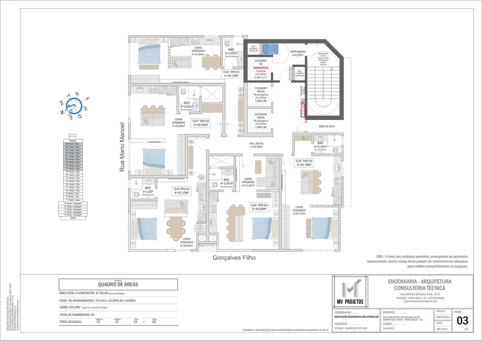 Planta baixa dos flats do 17º ao 25º andar — Residencial The Place